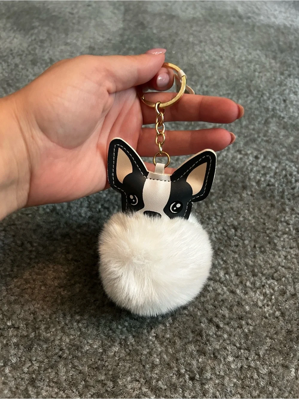 Black & White Puppy Pom-Pom Keychain - Cute Bag Charm